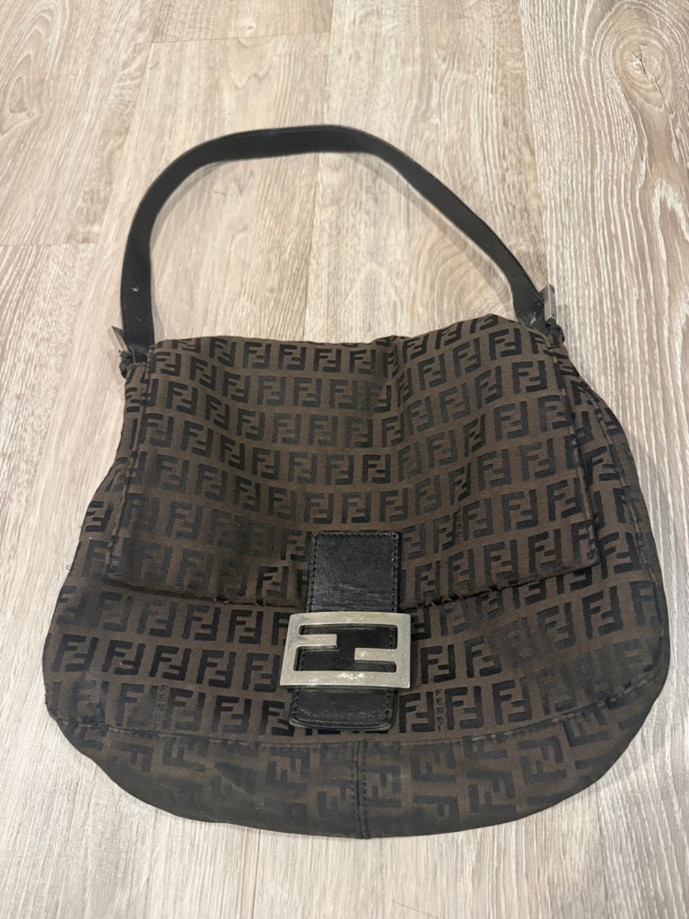 Fendi Dark Brown FF Zucca Canvas Shoulder Bag with Silver Buckle